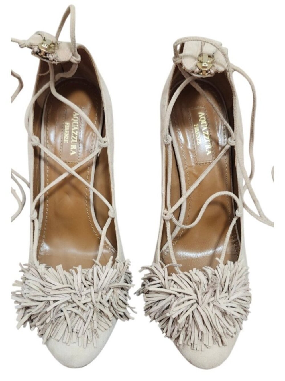 Aquazzura Wild Thing Fringe Suede Lace Up Block Heel Pumps Beige EU 36.5 US 6 - Picture 3 of 12
